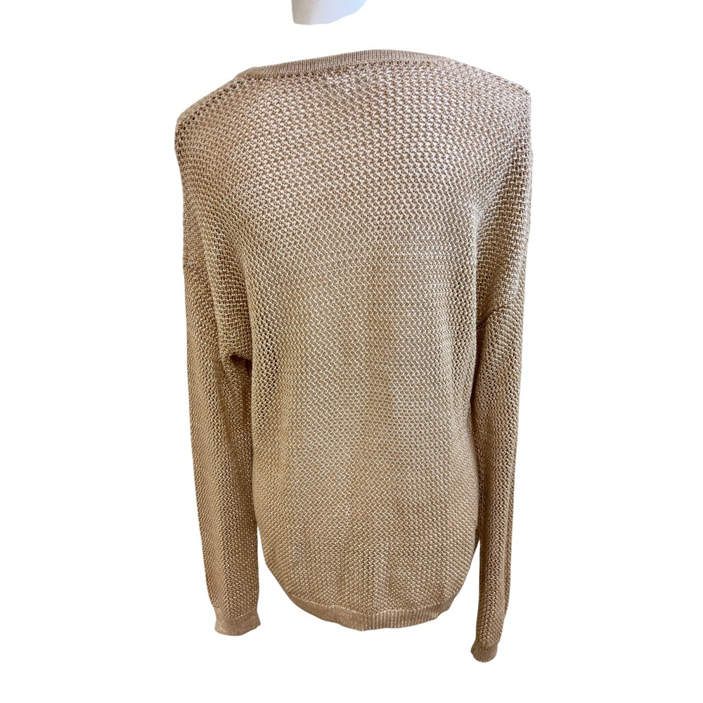 MINNIE ROSE Gold Mesh Sweater Sz L Metallic Tan Crochet Knit Hampton Boho Beachy - Picture 3 of 13
